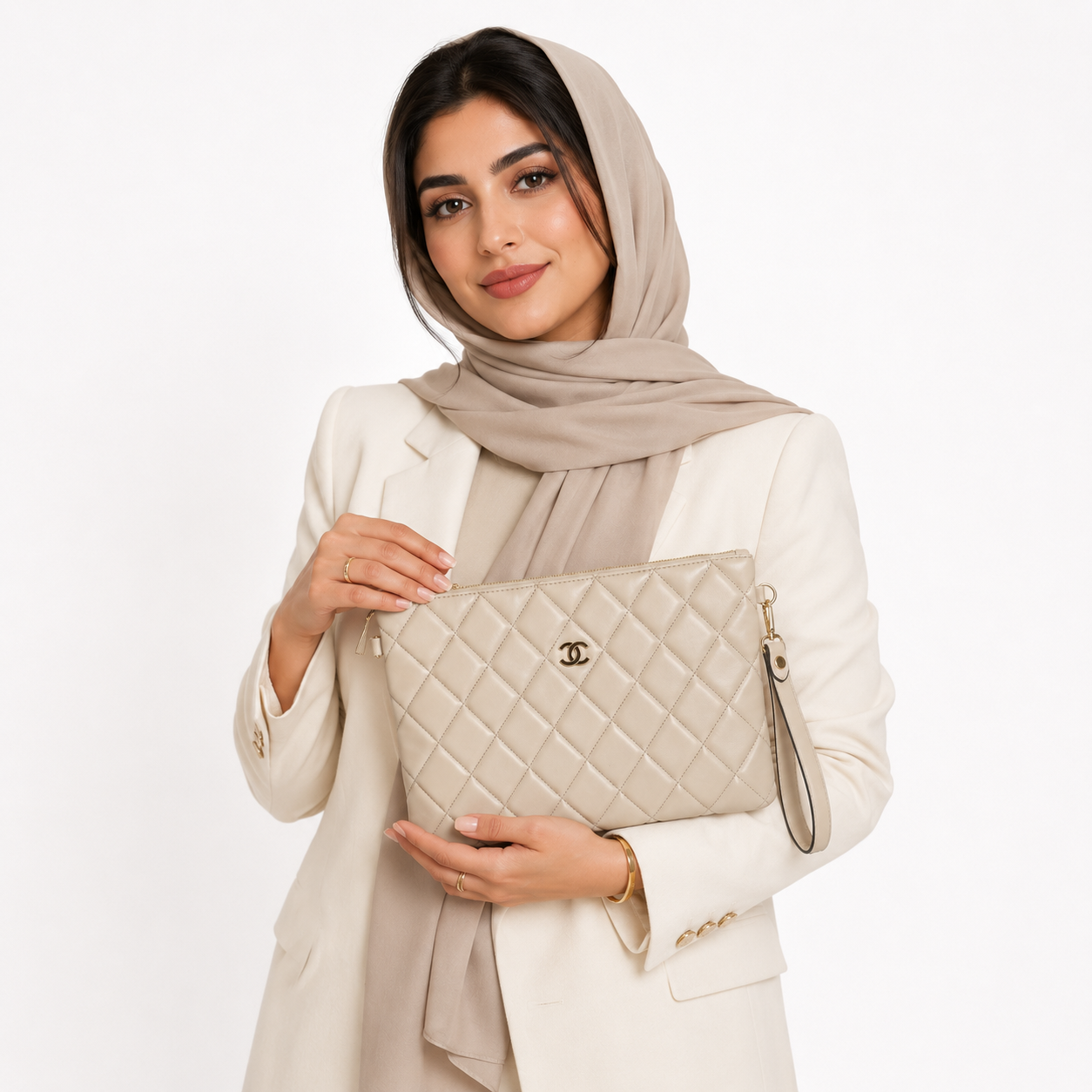 Chanel Quilted Wristlet Clutch – Beige
