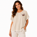 Women's Butterfly Embroidered Contrast Trim Blouse