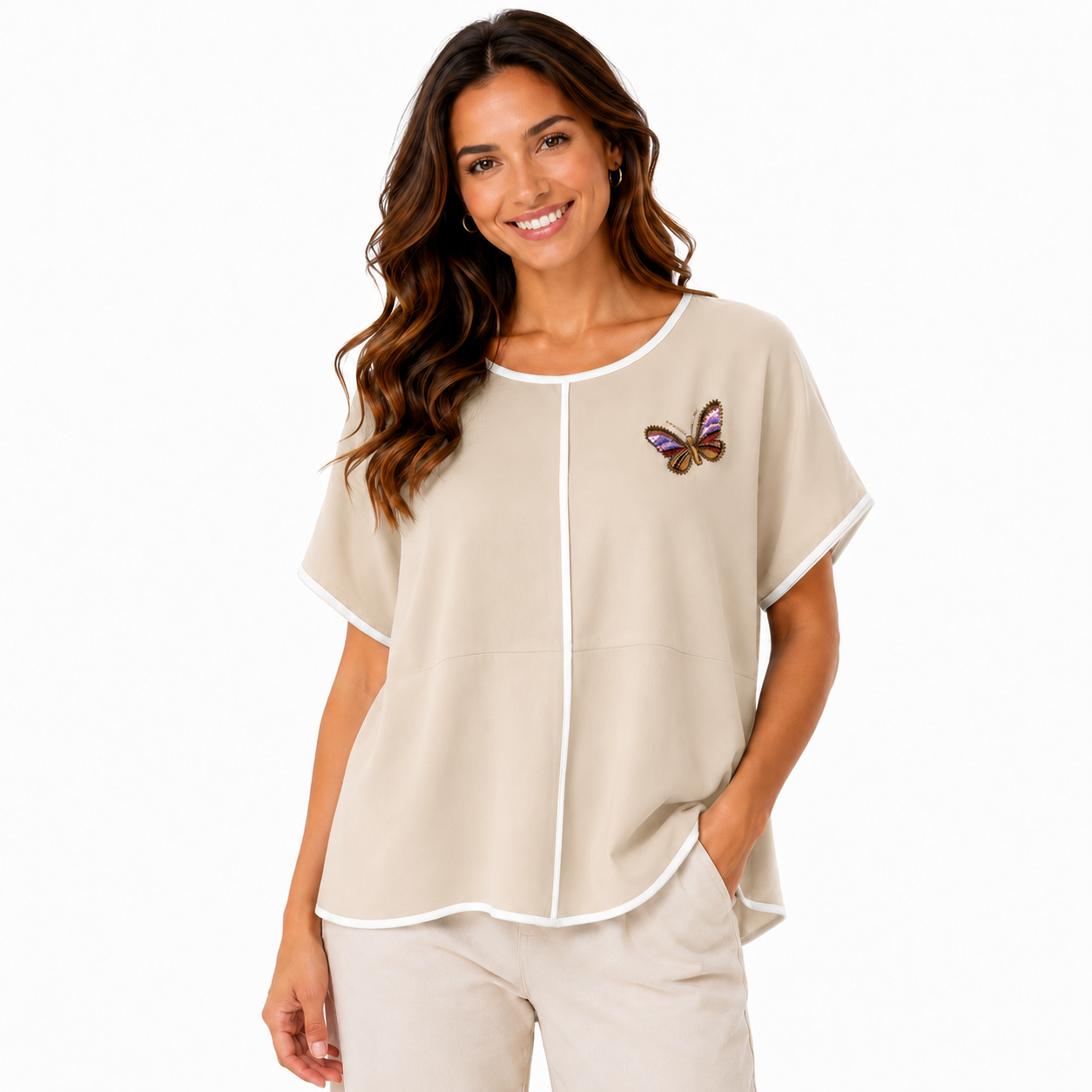 Women's Butterfly Embroidered Contrast Trim Blouse