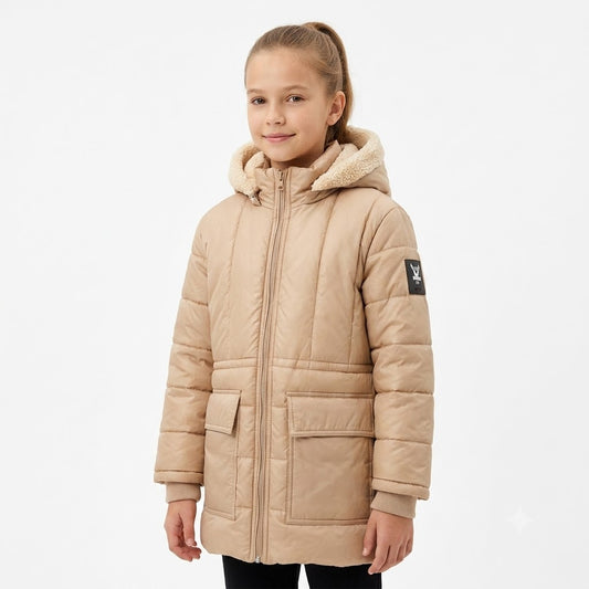 Beige Longline Hooded Puffer Coat